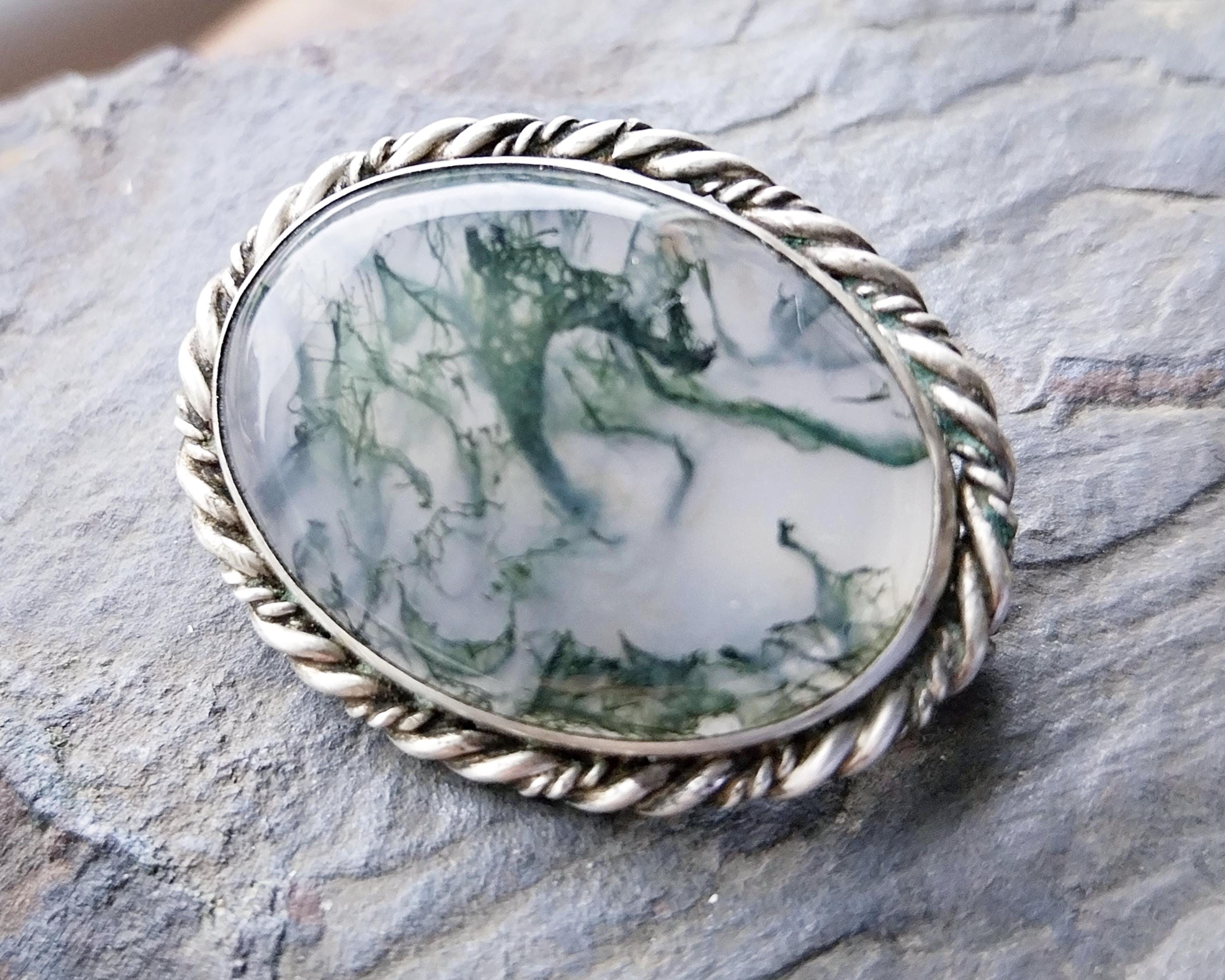 Vintage Silver Natural Green Moss Agate Brooch - 8.8g