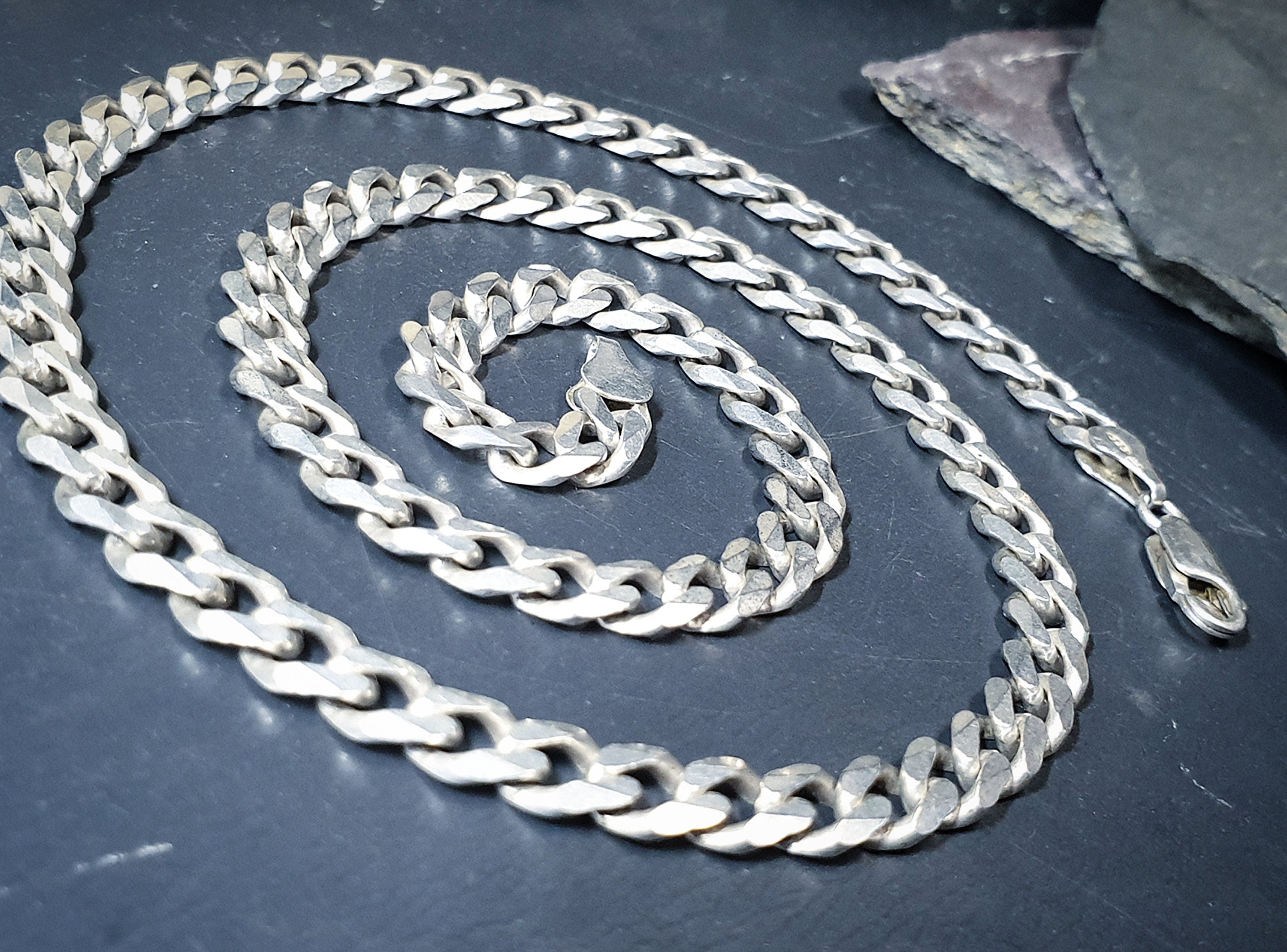 Chunky STERLING SILVER Flat Curb Link Chain Necklace - 20" Long - 32.8g