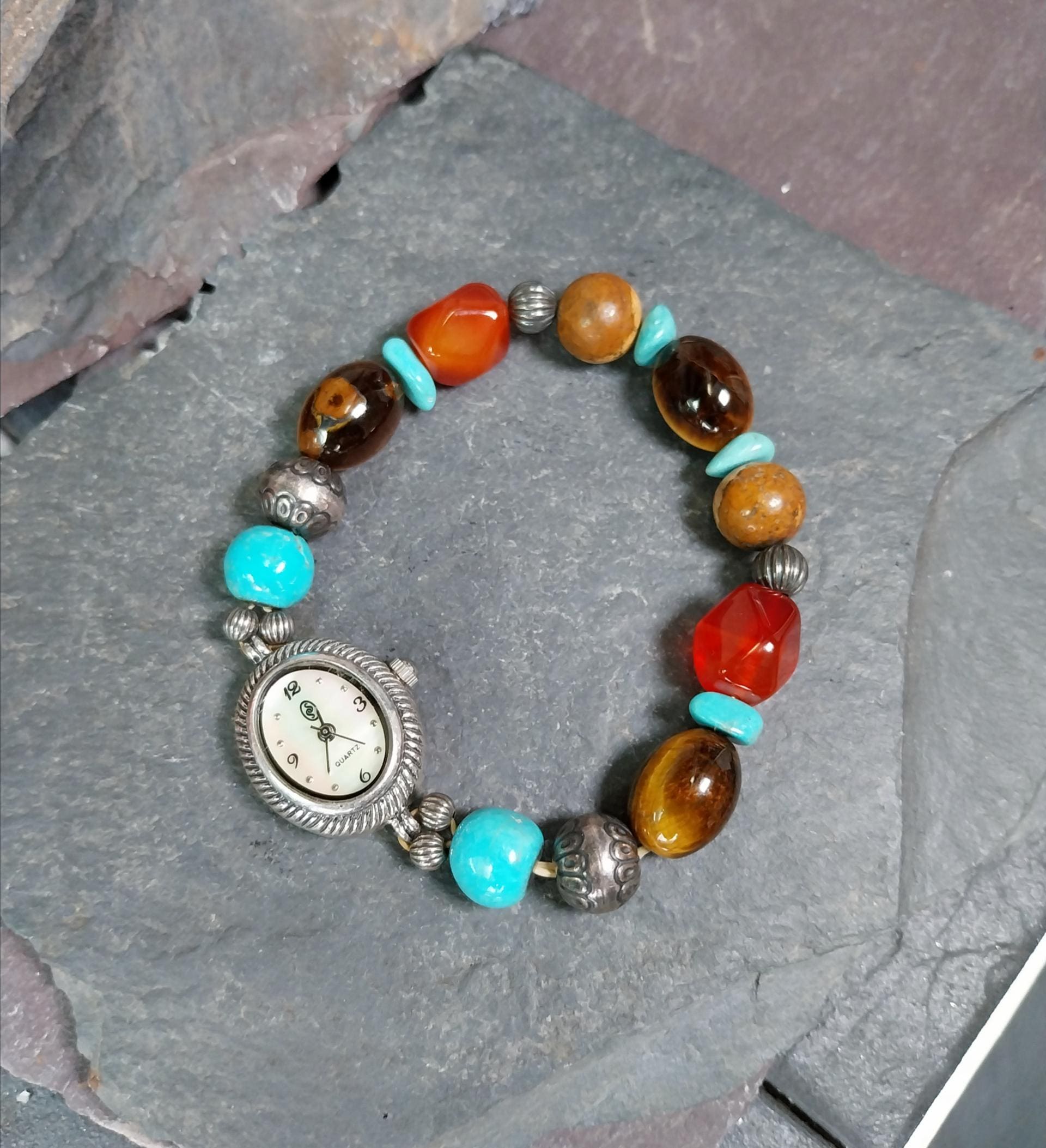 Vintage Sterling Silver WATCH - with Gemstone Bracelet Strap elasticated - 28.6g