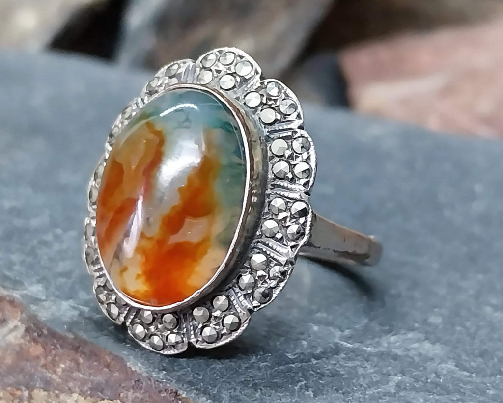 Art Deco 935 Silver MOSS AGATE RING - uk size N (us 6.5) - 5.5g