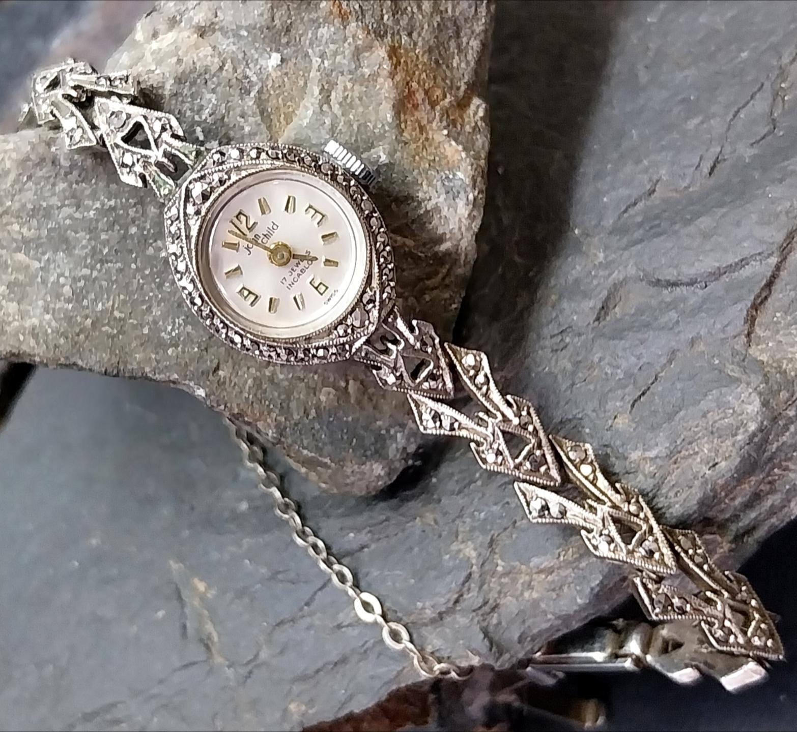 Vintage Sterling Silver Marcasite WATCH - 1960s John Child Hand winding 16cm - 16.5g