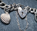 Vintage SILVER LINK BRACELET with 3 Charms and Padlock Lock - Sterling Silver - 17.2g