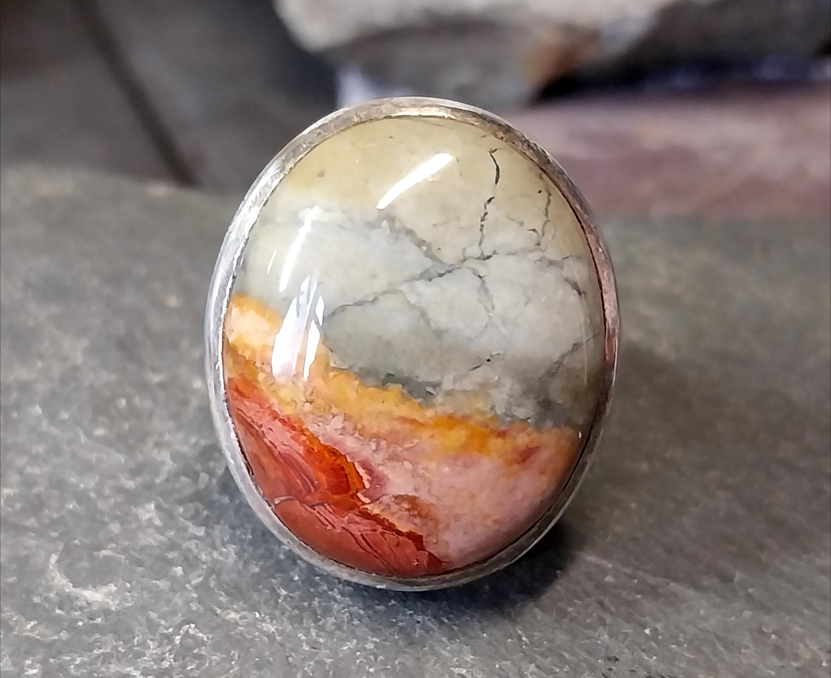 Sterling Silver Mottled MOSS AGATE RING - uk size S (us 9) - 13.1g