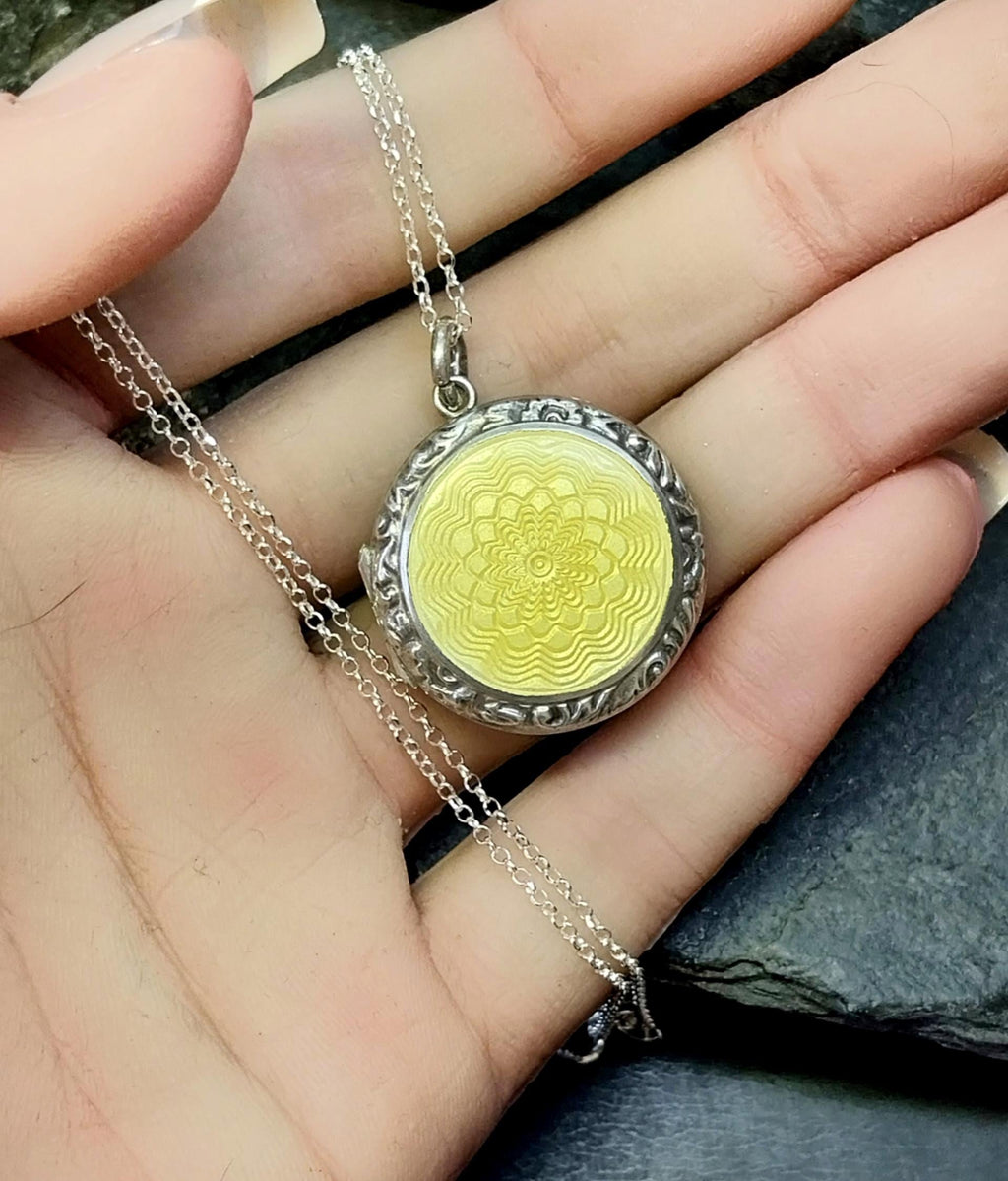 Sunflower Yellow Enamel Guilloché Locket Sterling Silver & 18" chain - 9.8g