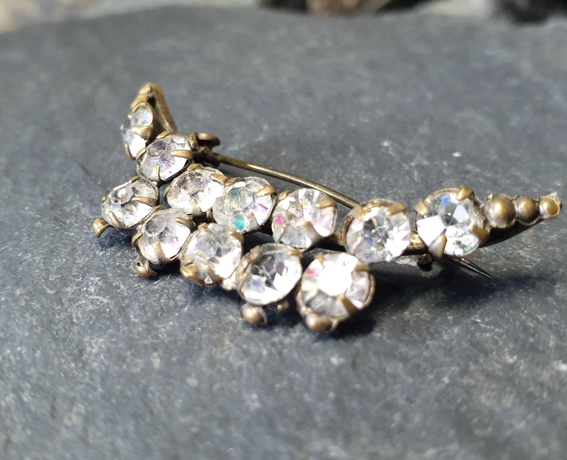 Antique Edwardian Crescent Moon BROOCH - Paste Stones - 2.7g