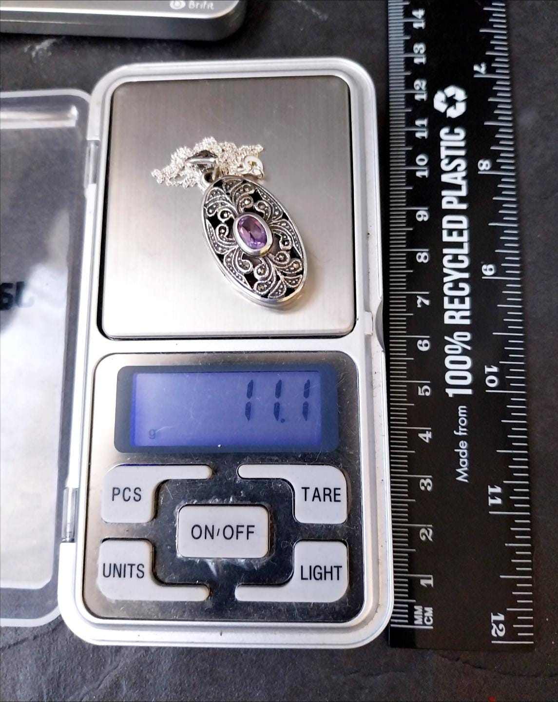 Vintage STERLING SILVER LOCKET with Amethyst Gemstone on 18" Chain - 11.1g