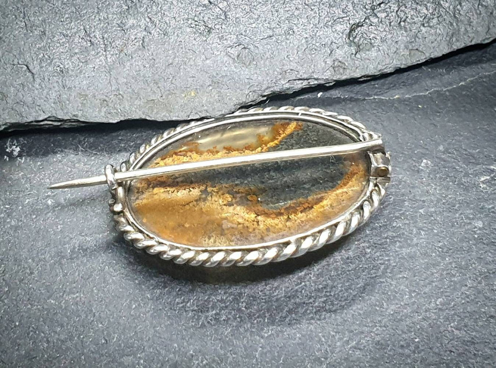 Antique Silver Moss Agate Landscape Brooch - Victorian Sterling Silver - 5.3g