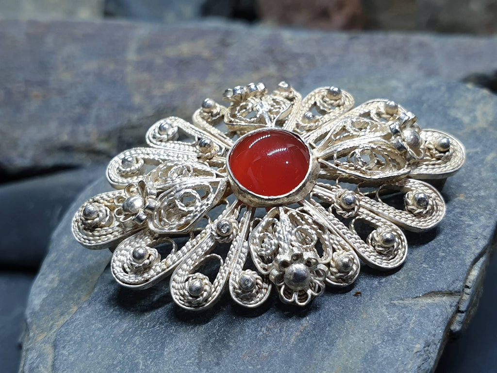 Antique Silver CARNELIAN FILIGREE Flower Brooch - Continental Silver Pin - 7.5g