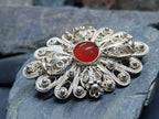 Antique Silver CARNELIAN FILIGREE Flower Brooch - Continental Silver Pin - 7.5g