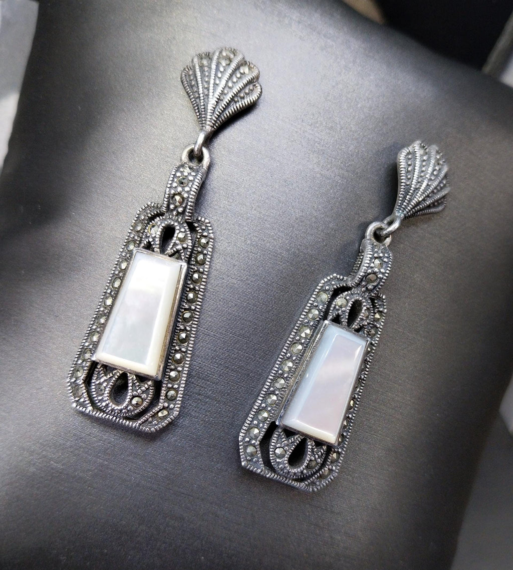 Sterling Silver Art Deco EARRINGS MOP & Marcasite - 12.1g