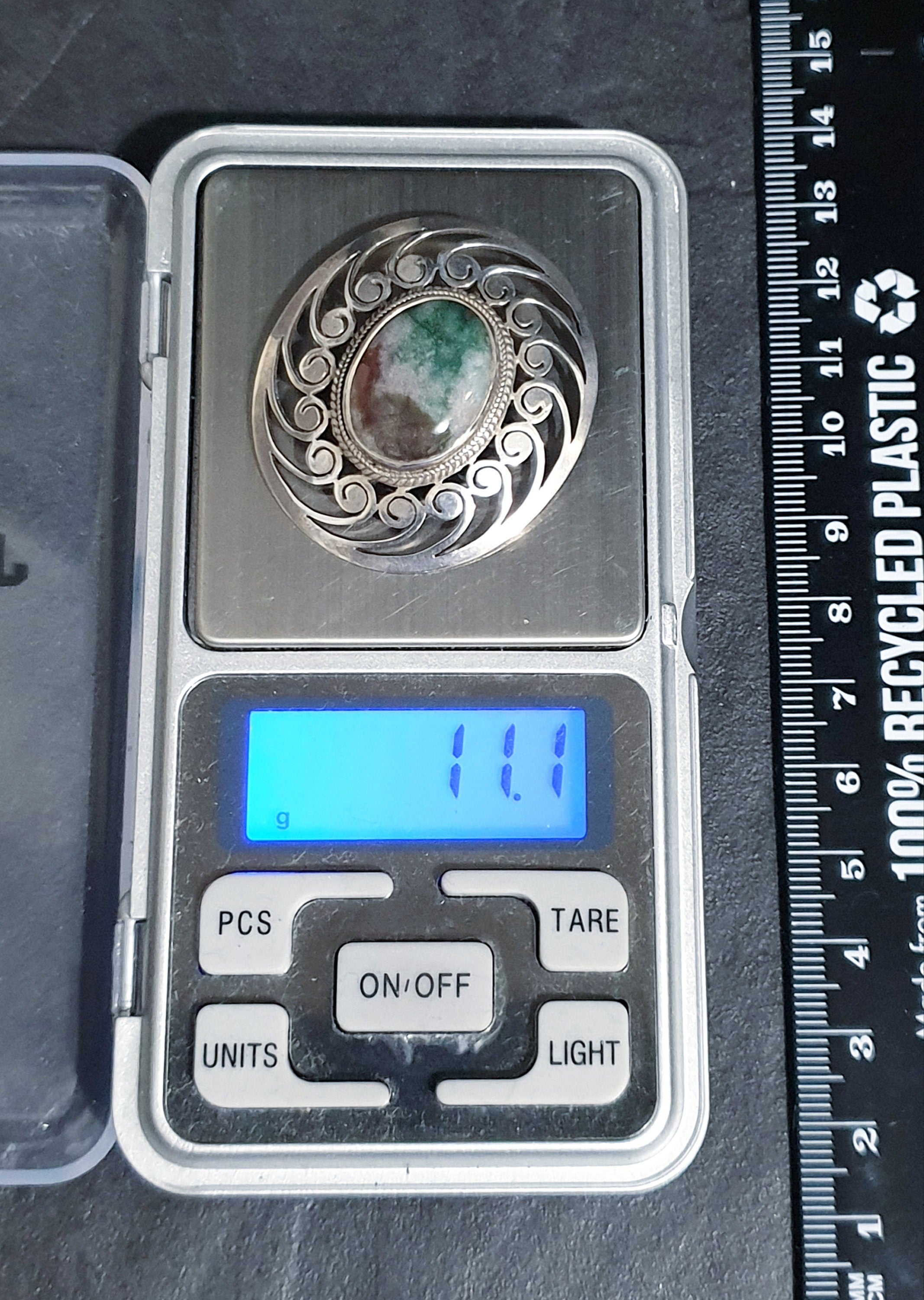 Large Sterling Silver Moss Agate Silver Brooch - 11.1g