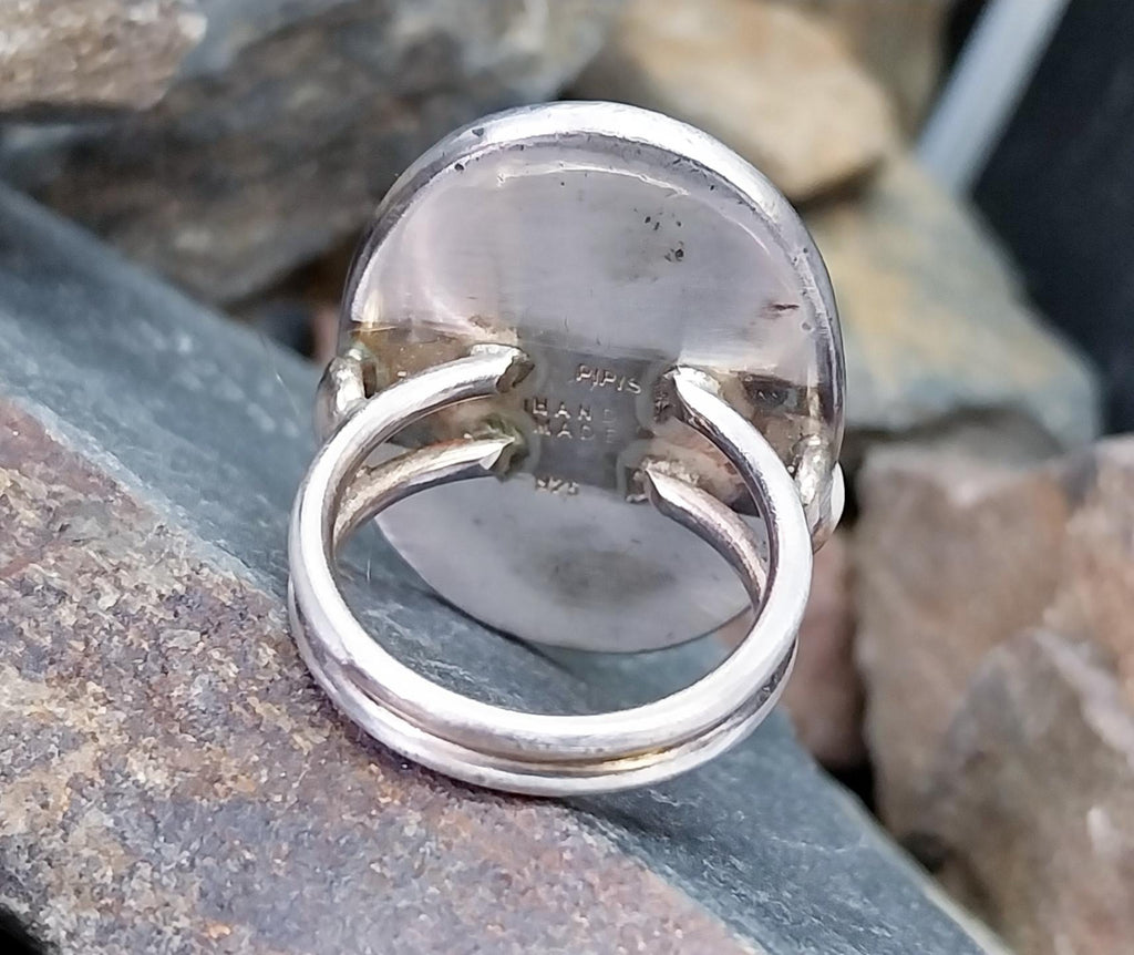 Large Sterling SILVER Moss Agate RING Dendritic Stone - size 0 1/2 (us 7.5) - 12.3g
