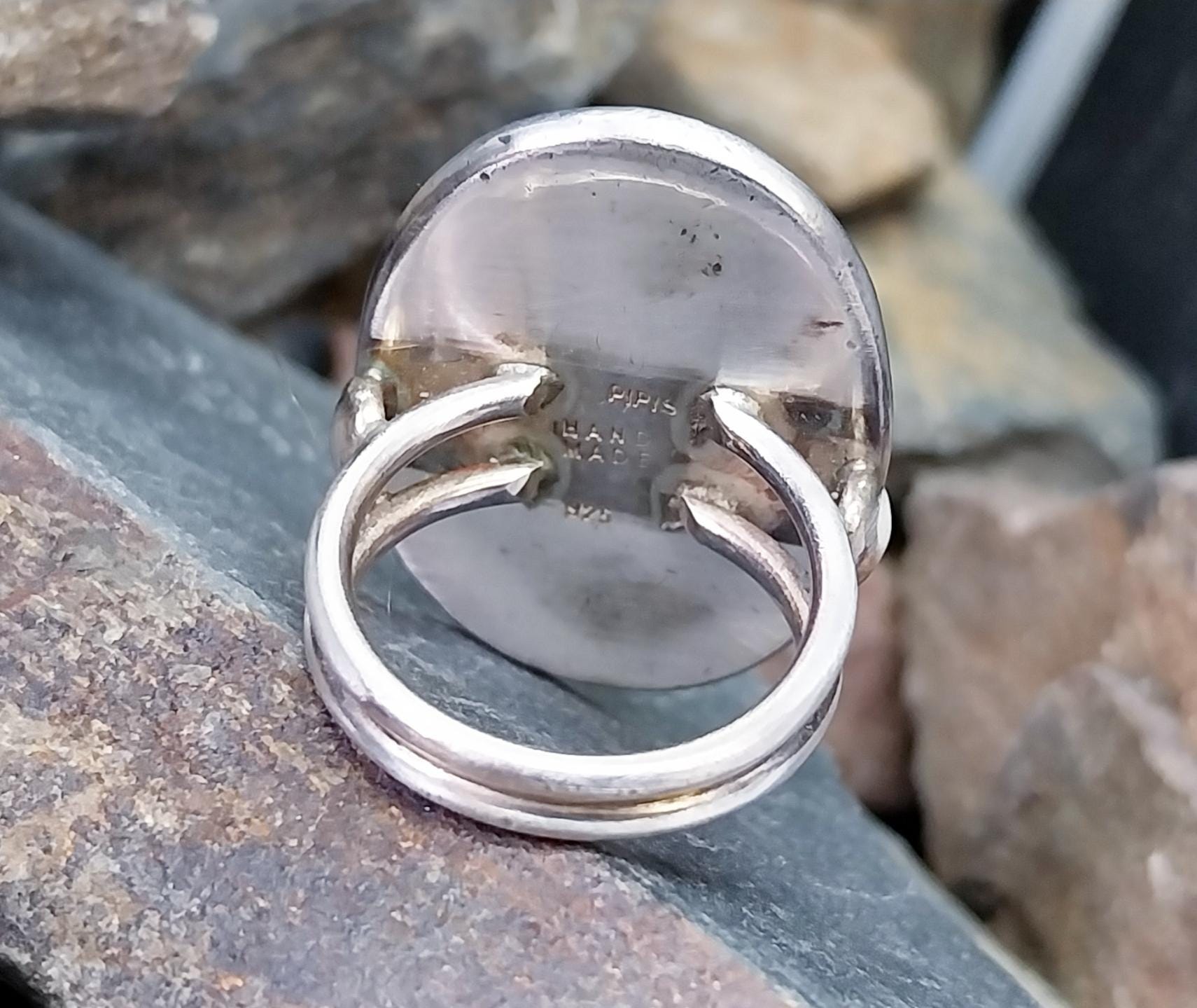 Large Sterling SILVER Moss Agate RING Dendritic Stone - size 0 1/2 (us 7.5) - 12.3g