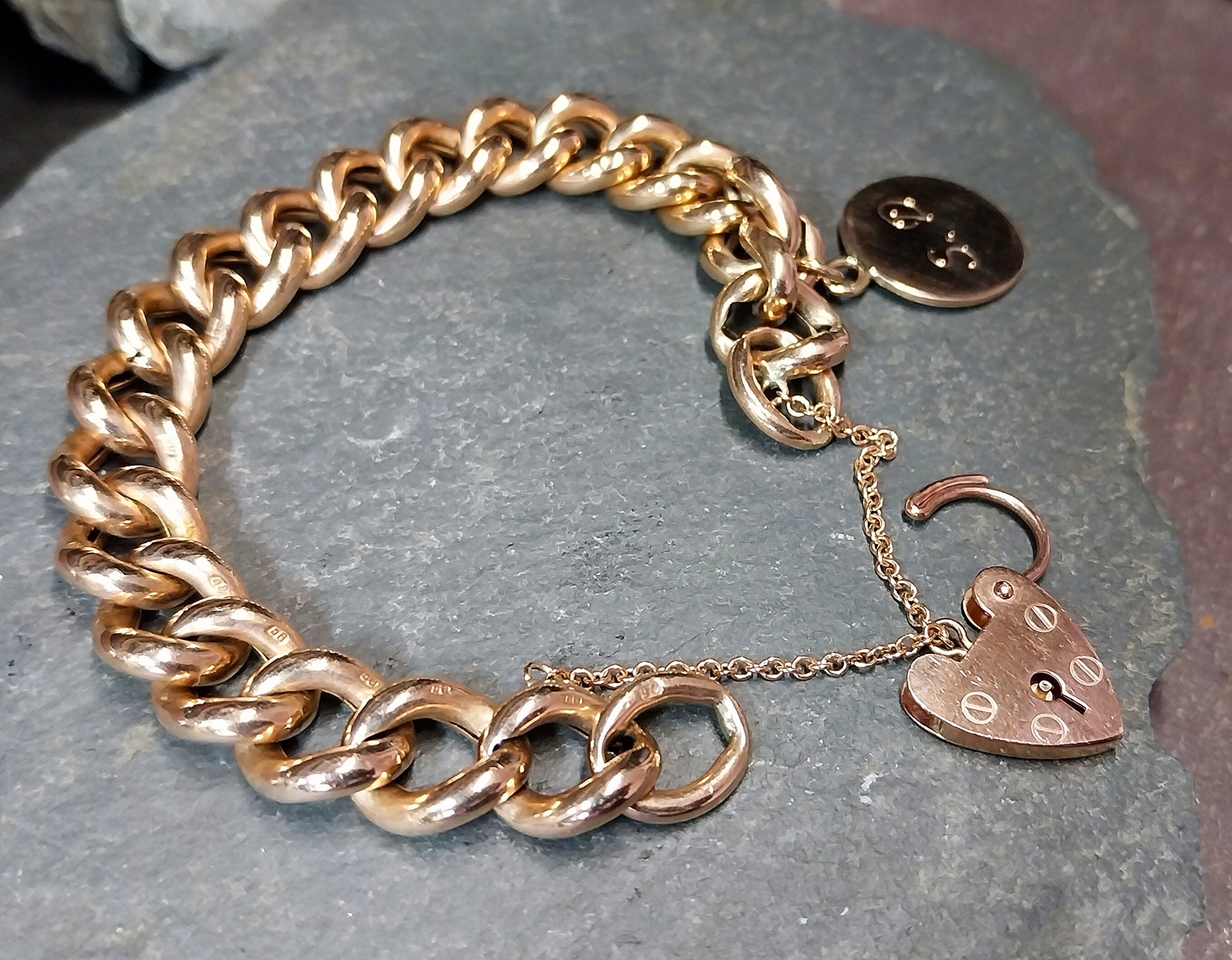 Antique Vintage Solid 9ct Rose GOLD LINK Bracelet & Heart Padlock Clasp - 20.1g
