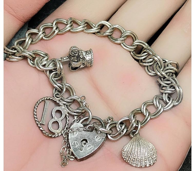 Vintage SILVER LINK BRACELET with 3 Charms and Padlock Lock - Sterling Silver - 17.2g