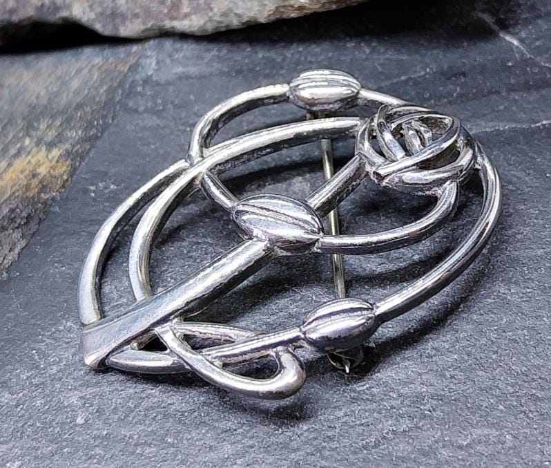 Large Sterling Silver Mackintosh Rose and Cecily Leaf Art Nouveau Brooch - 9g