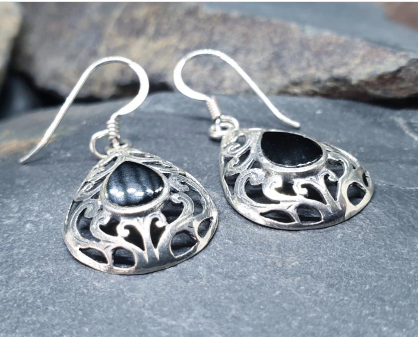 Sterling Silver Dangle Earrings - with Black Onyx Stone - 3.2g