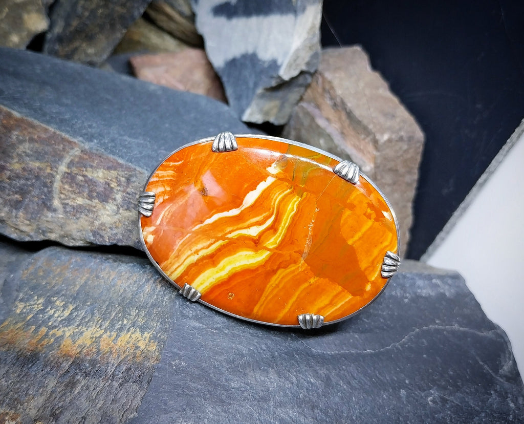 Large Antique Silver Bright Orange Landscape Agate Brooch - 14.9g
