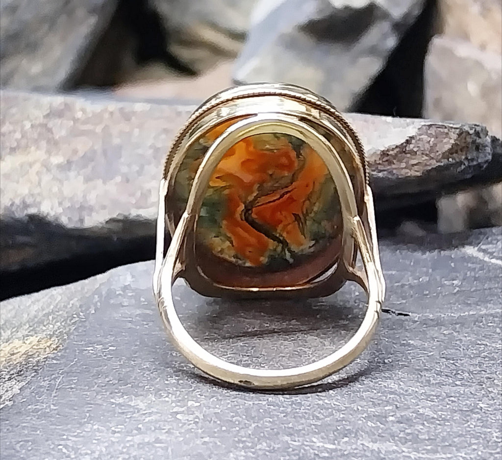 Huge Vintage 9ct Gold MOSS AGATE Ring - Dendritic - Size uk P (us 7.5) - 8.1g