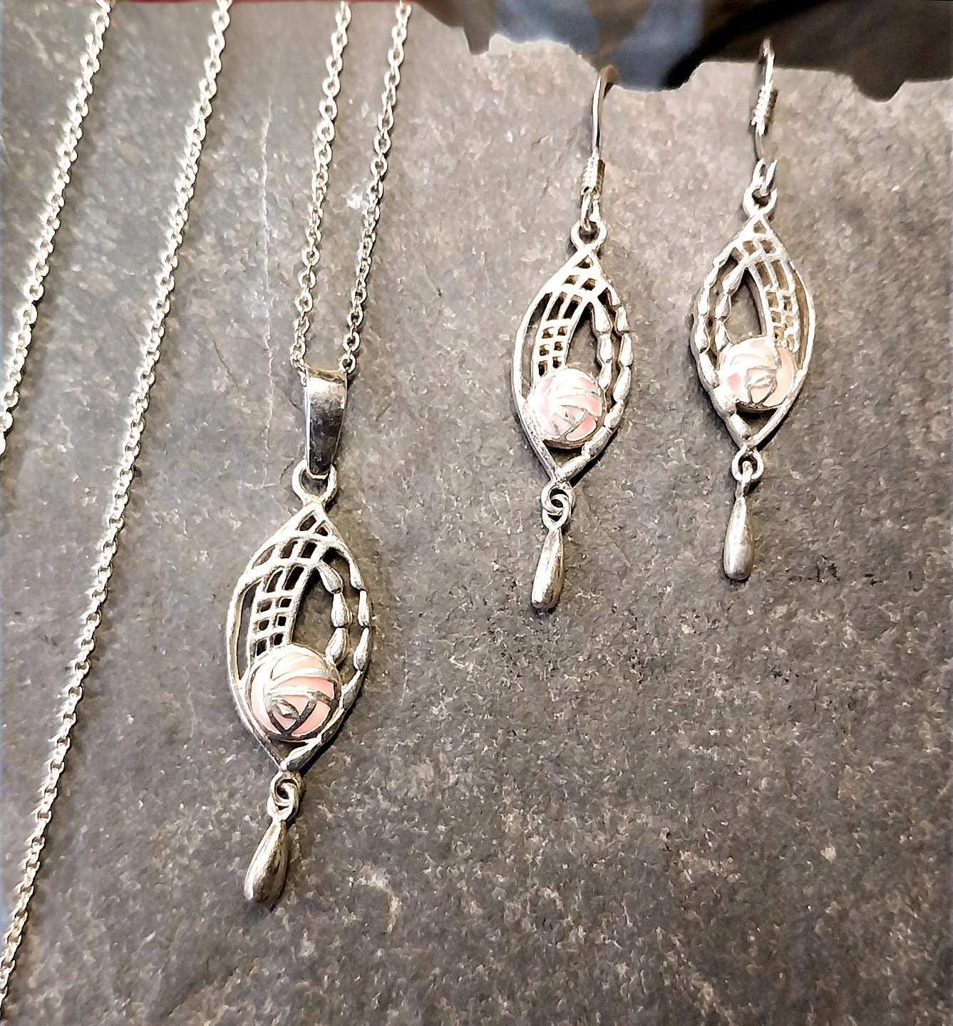 Sterling Silver Celtic Rose Necklace and Matching Earrings Gift Set - 6.8g