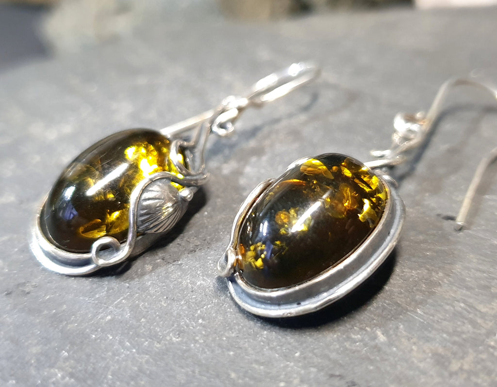 Vintage Sterling Silver AMBER Drop EARRINGS - Dangling  - 6.8g