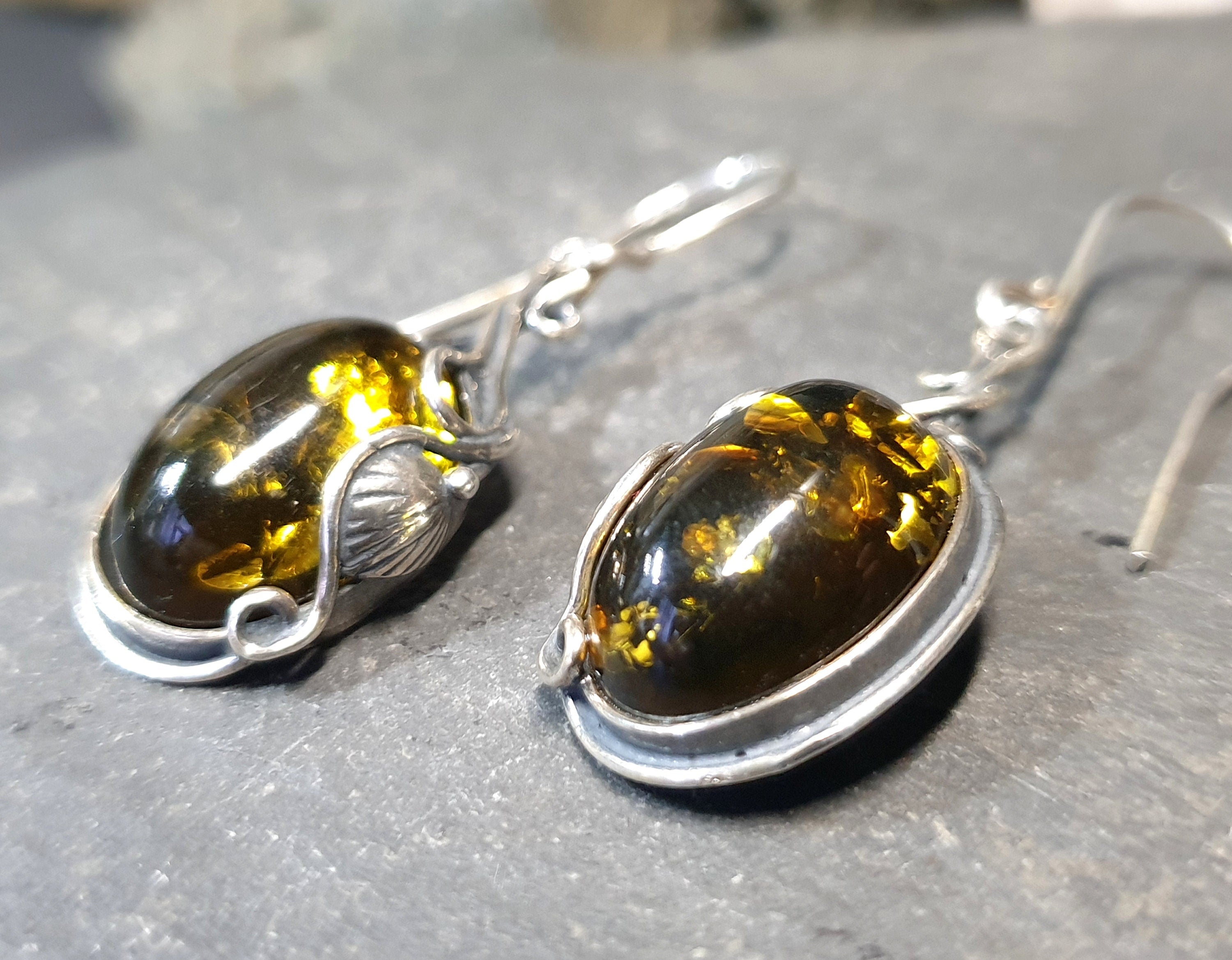Vintage Sterling Silver AMBER Drop EARRINGS - Dangling  - 6.8g