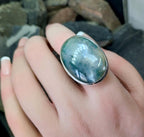 Large Sterling SILVER Moss Agate RING Dendritic Stone - size 0 1/2 (us 7.5) - 12.3g