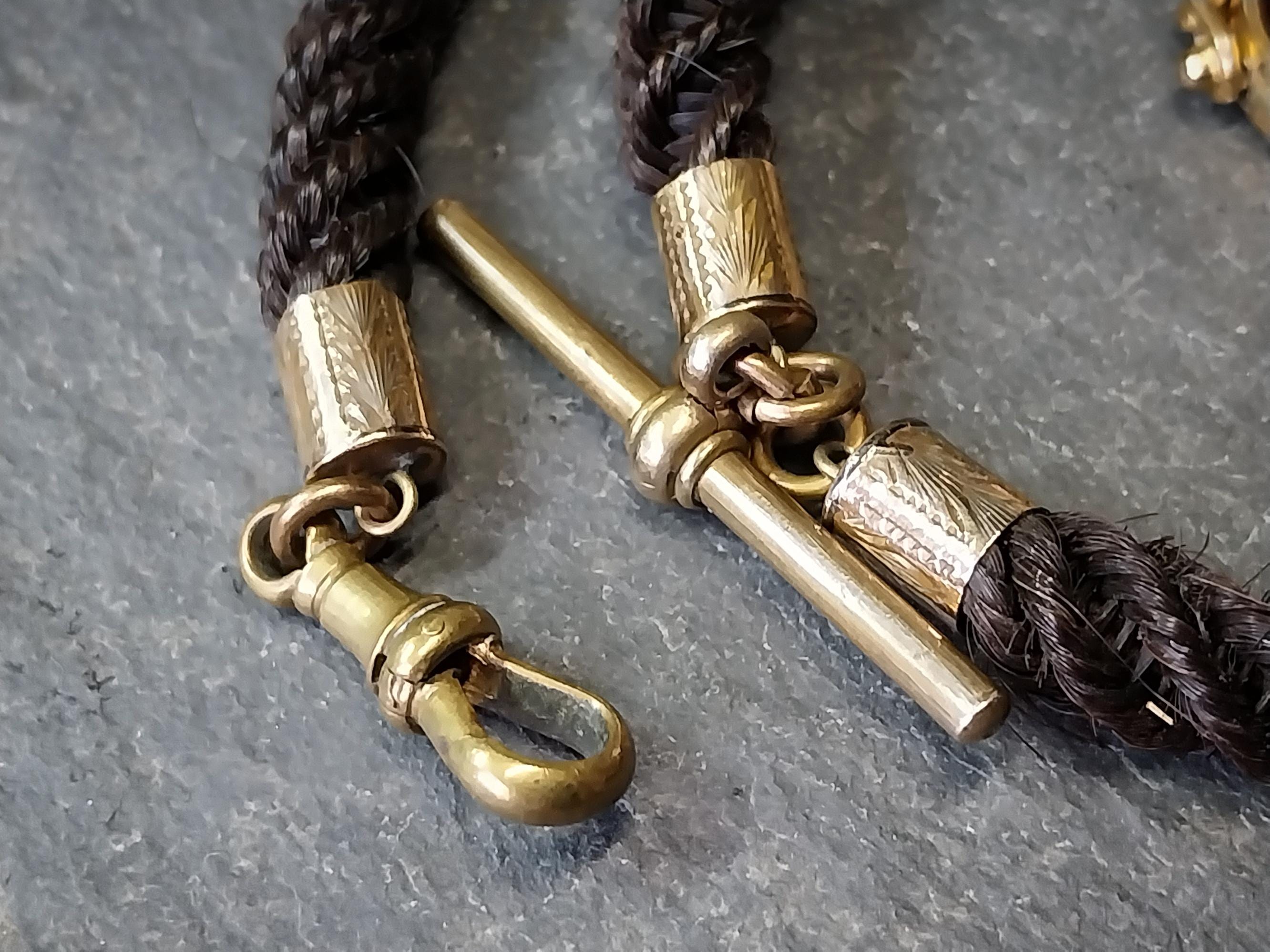 Victorian HAIR Watch chain with Rolled Gold Bloodstone swivel fob - 14" 16.4g