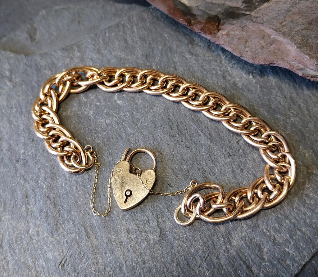 Antique 9ct Rose GOLD MULTI-LINK Bracelet & Heart Padlock Clasp - 13.4g