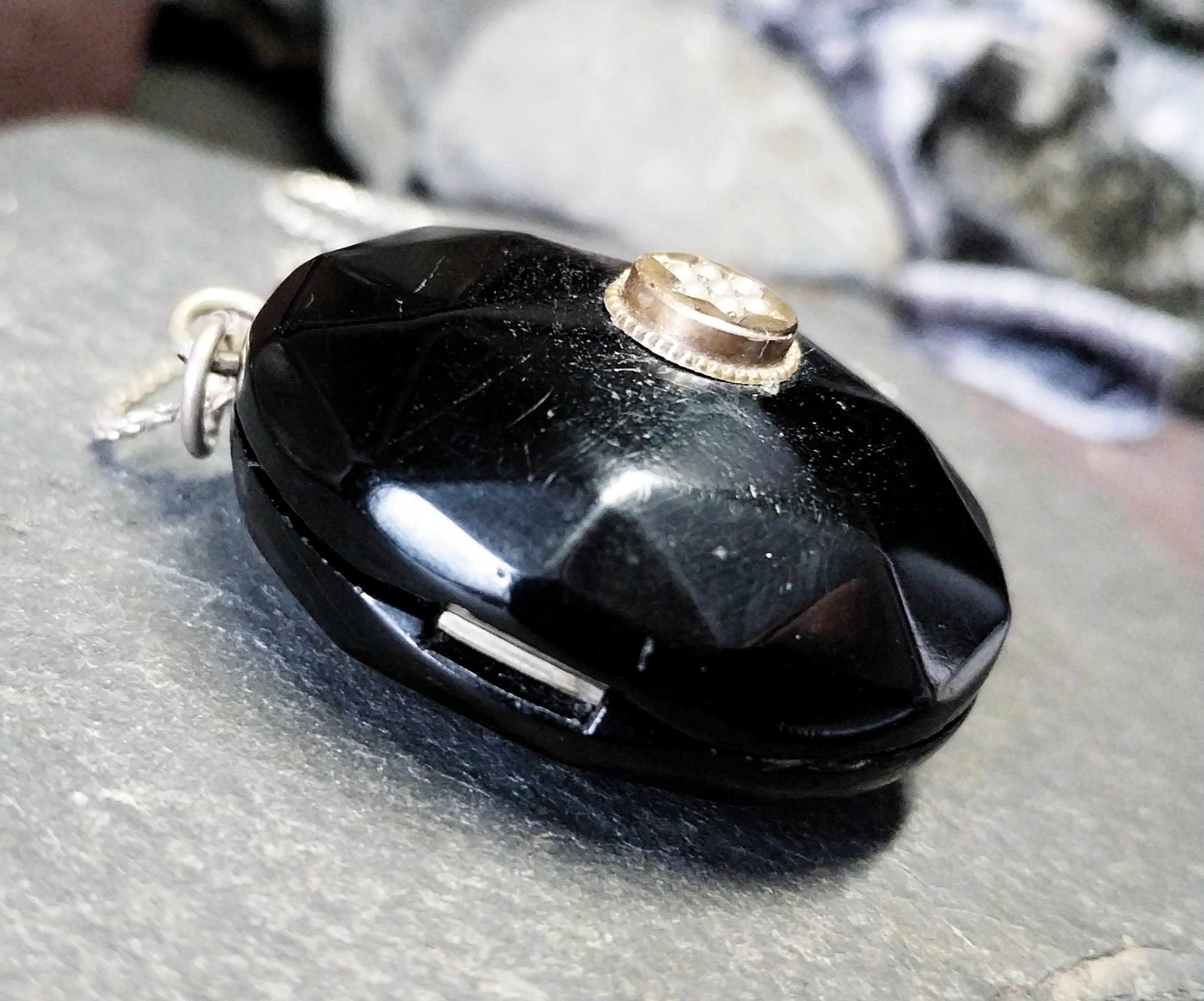 Antique VICTORIAN Whitby JET LOCKET with Seed Pearl Star - on 20" Chain - 27.4g