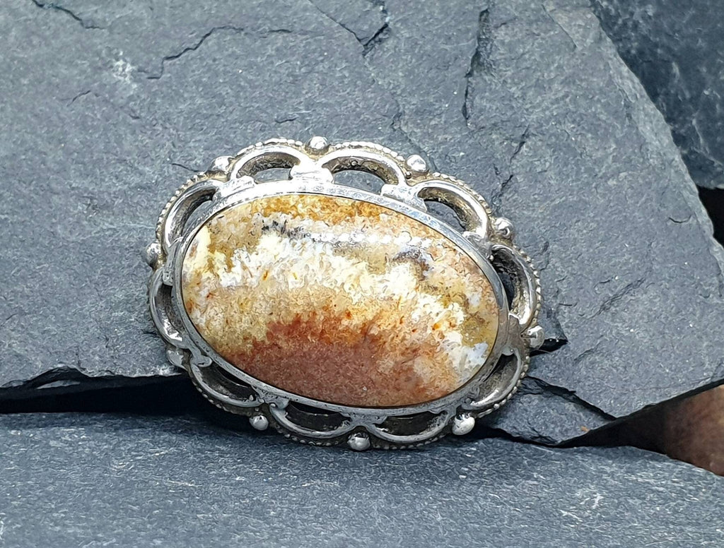 Vintage Agate Sandscape Brooch - Art Deco Sterling Silver - 8.4g
