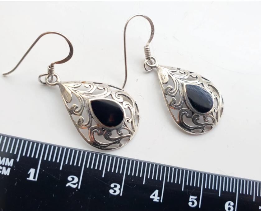 Sterling Silver Dangle Earrings - with Black Onyx Stone - 3.2g