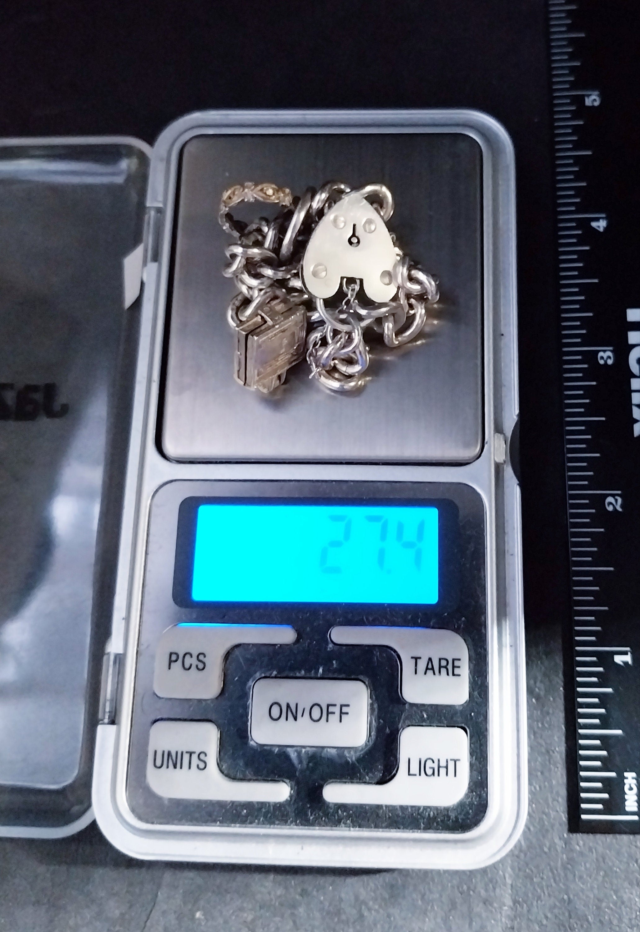 Vintage Silver CHARM BRACELET with Bible and Rings Charms with heart padlock clasp - 27.4g