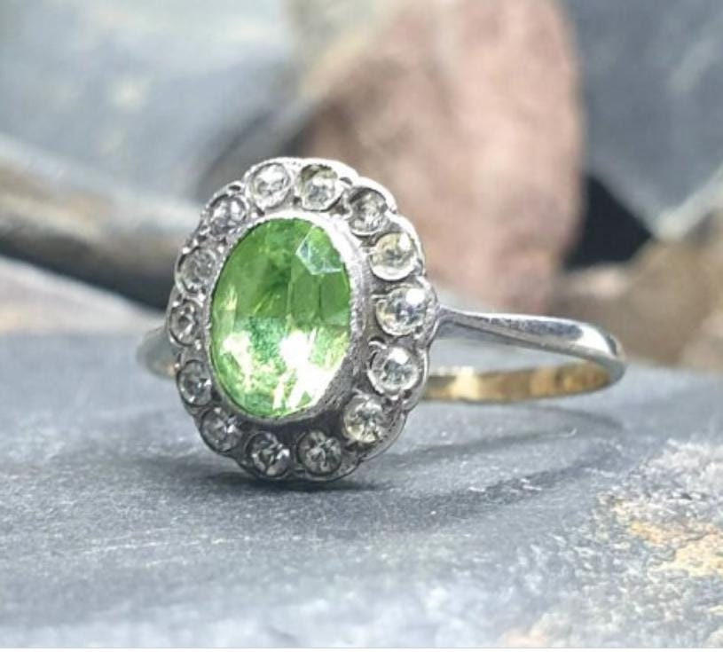 Vintage 9ct Gold Tourmaline Paste Stone Ring - Art Deco - Size uk V (us 10.5) - 2.8g