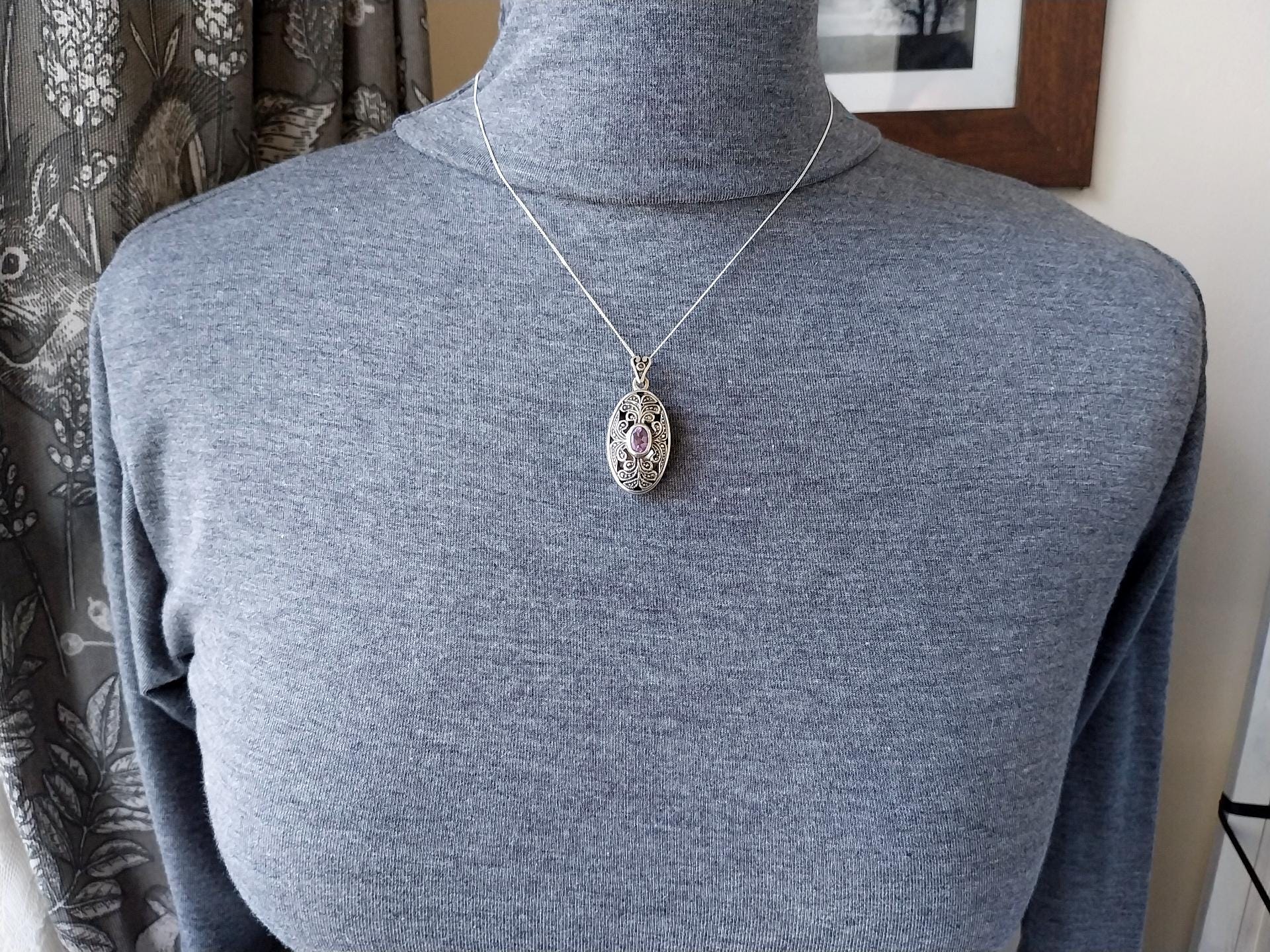 Vintage STERLING SILVER LOCKET with Amethyst Gemstone on 18" Chain - 11.1g