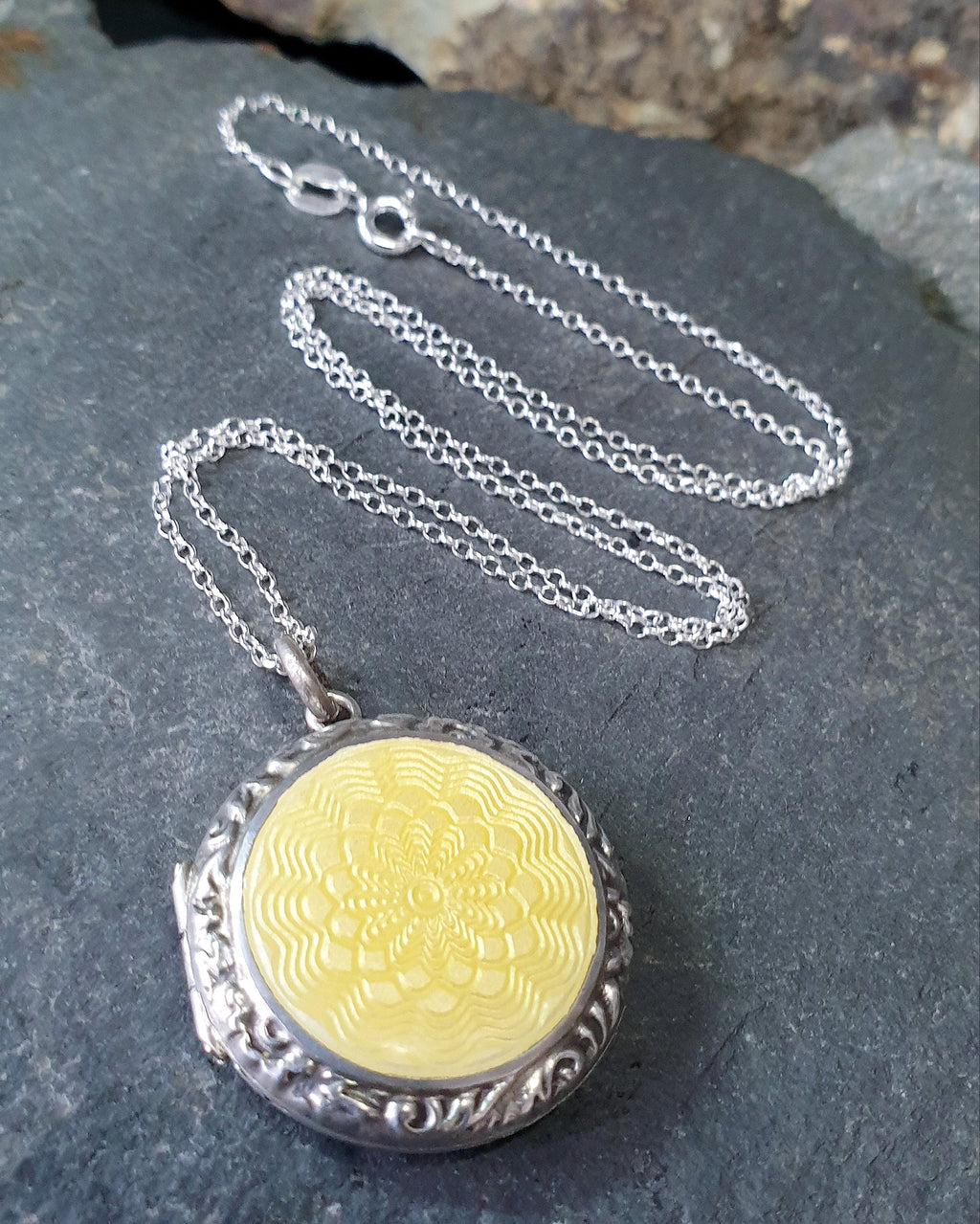 Sunflower Yellow Enamel Guilloché Locket Sterling Silver & 18" chain - 9.8g