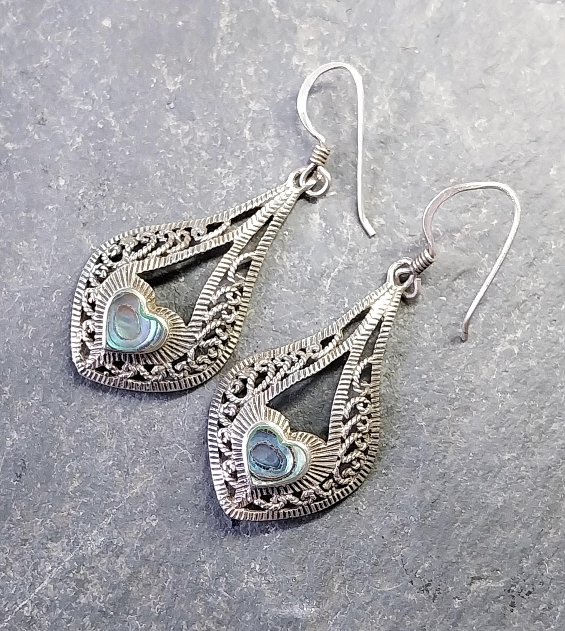Vintage Sterling Silver Drop Earrings - with Paua Shell - 4.9g
