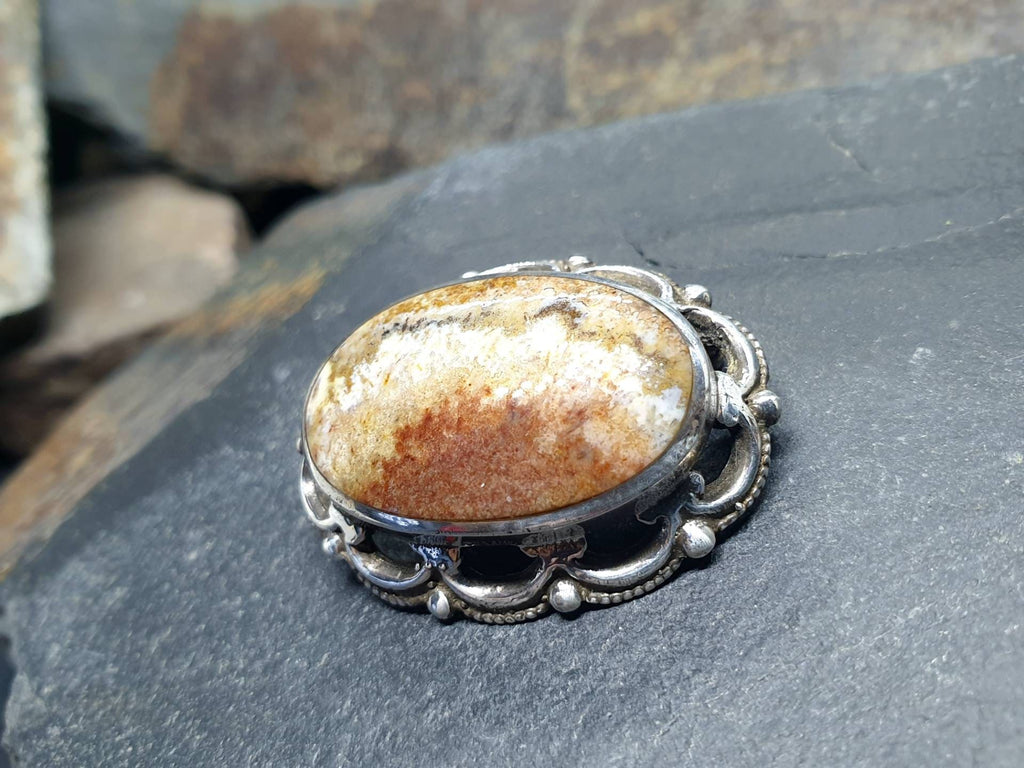 Vintage Agate Sandscape Brooch - Art Deco Sterling Silver - 8.4g