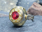 Vintage BVLER LOCKET WATCH Ring - Red Stone & Gold Plated - Size Adjustable - 12g