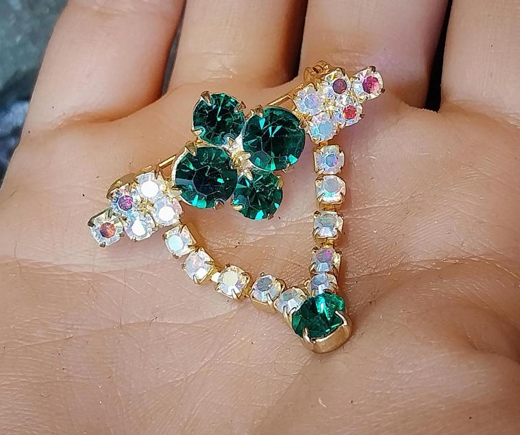 Vintage SHAMROCK Four Leaf Clover Brooch -  with Aurora Borealis & Green Stones