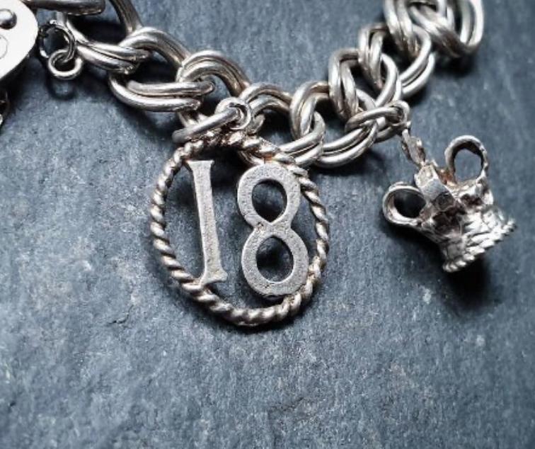 Vintage SILVER LINK BRACELET with 3 Charms and Padlock Lock - Sterling Silver - 17.2g