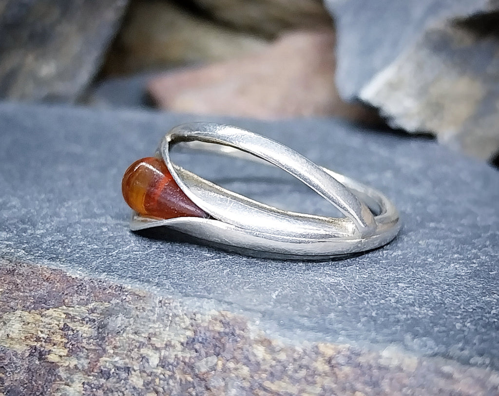Vintage AMBER Sterling Silver Ring - Lily - uk size O (7.25) - 2.2g