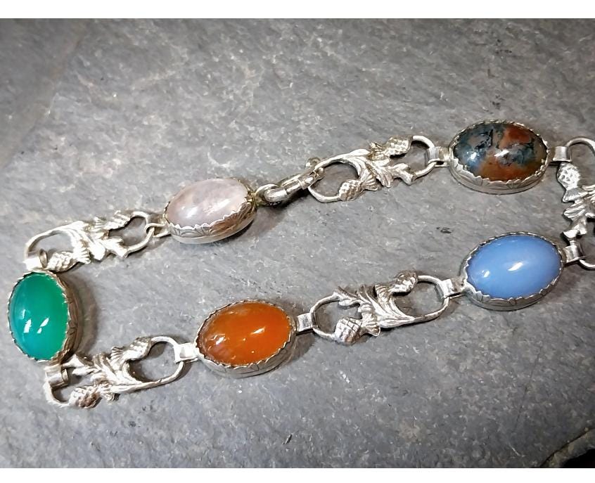 Vintage STERLING SILVER Agate and Thistle Bracelet - 20cm - 11.3g