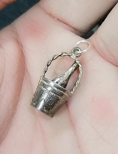 Vintage Silver CHAMPAGNE BOTTLE in bucket Charm or Pendant - 3.3g