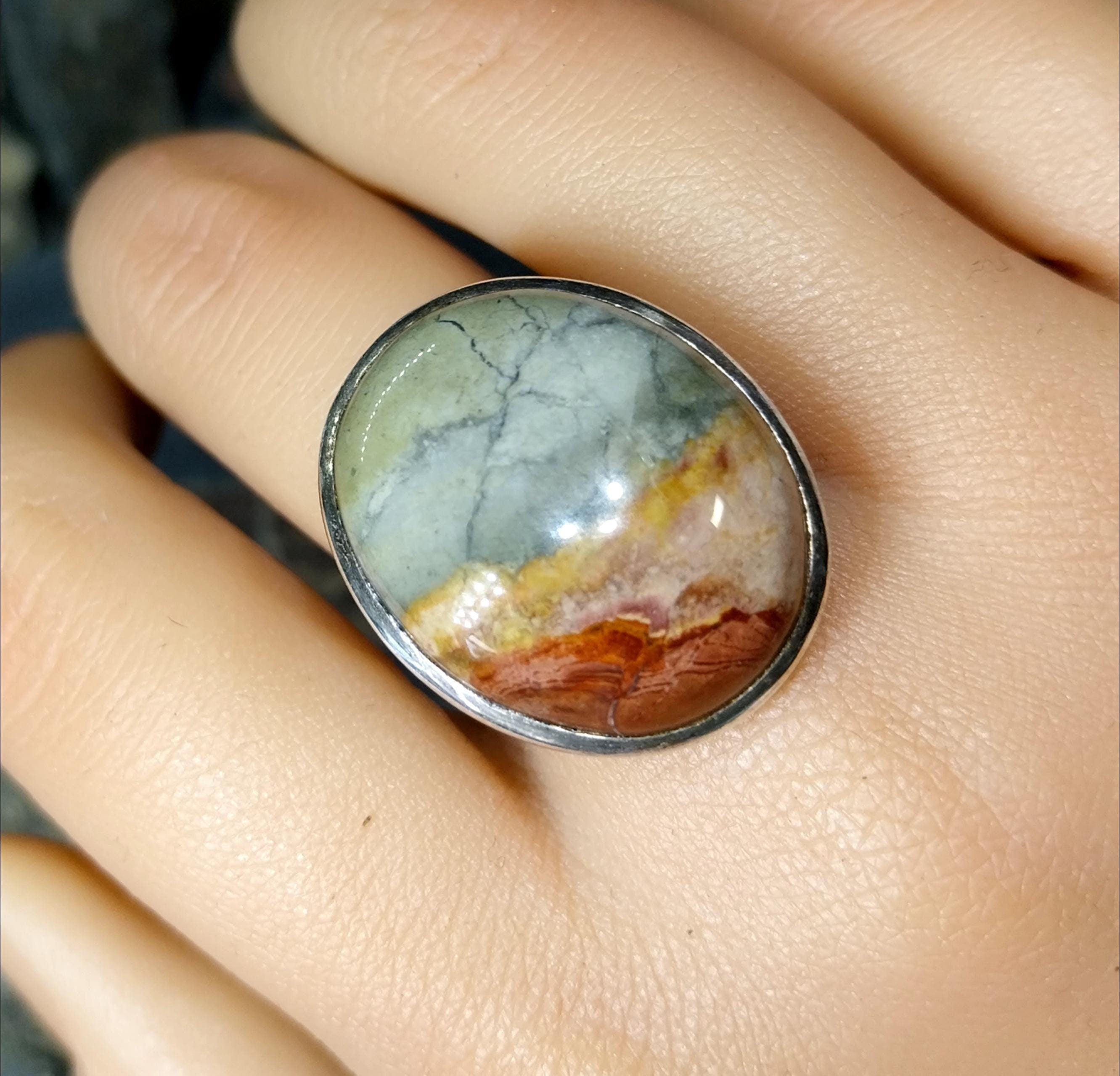 Sterling Silver Mottled MOSS AGATE RING - uk size S (us 9) - 13.1g