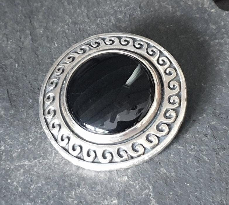 Vintage Black ONYX Brooch - Sterling Silver Swirls - 17.6g