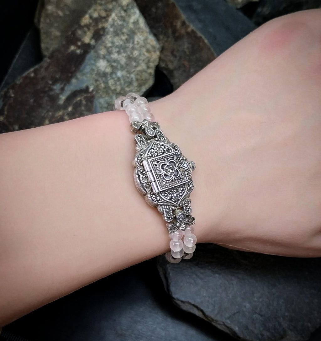 Chateau Sterling Silver Bracelet WATCH with Marcasite Opening Front 18cm - 27.8g