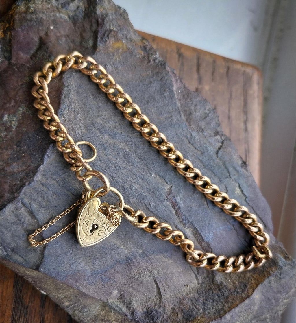 Georg Jensen 9ct Rose GOLD Bracelet & Engraved Heart Padlock Clasp c1966 - 19.4g
