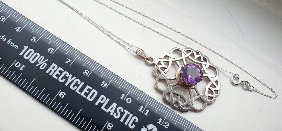 Vintage ORTAK Amethyst Pendant Necklace - Malcolm Grey on 20" silver chain - 8.2g