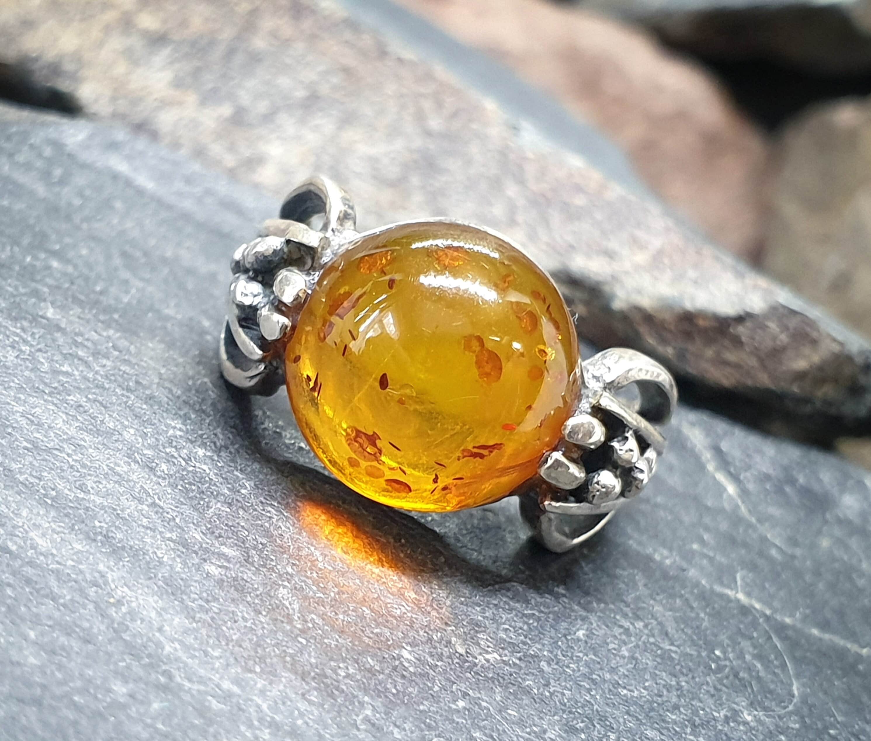 Vintage Baltic AMBER Sterling Silver Ring - uk size M (6) - 5.6g